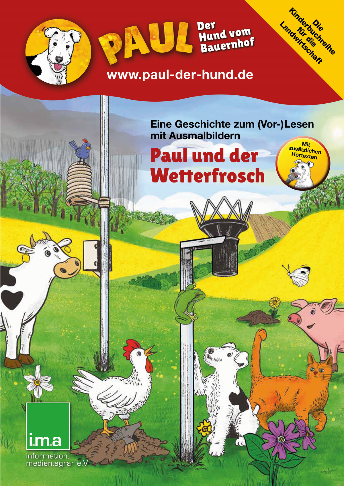 Titelseite des Vorlese- und Malbuchs, gezeichnete Bauernhoftiere