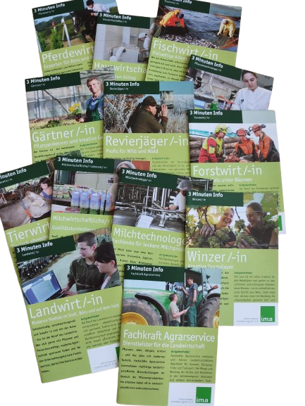 Collage aus 13 Flyer-Titelseiten zu „grünen Berufen“